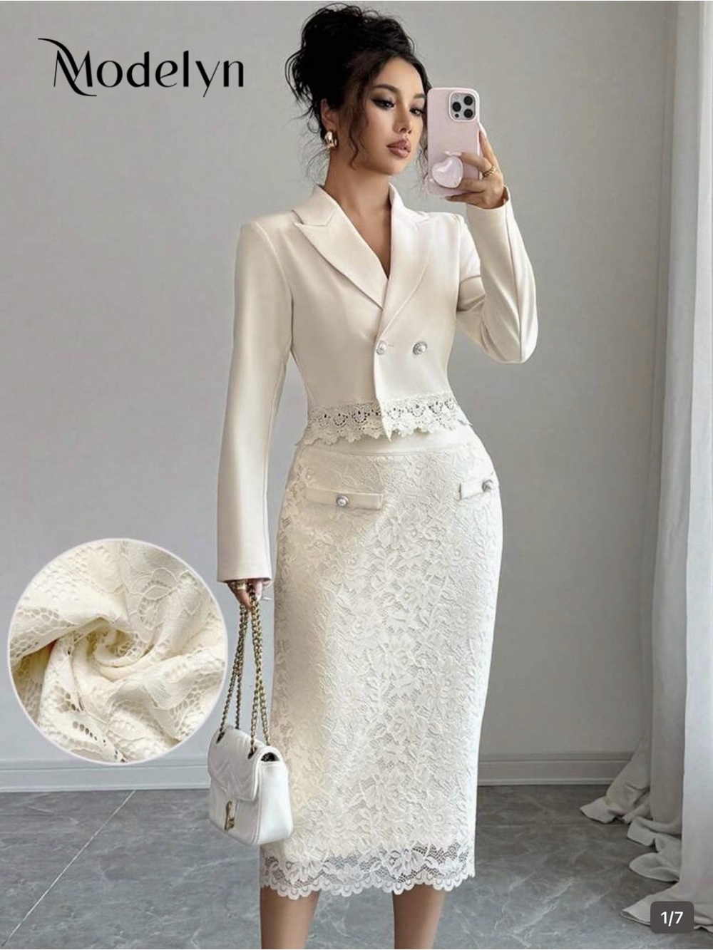 Modelyn Elegant Ivory Lace Pencil Skirt Suit